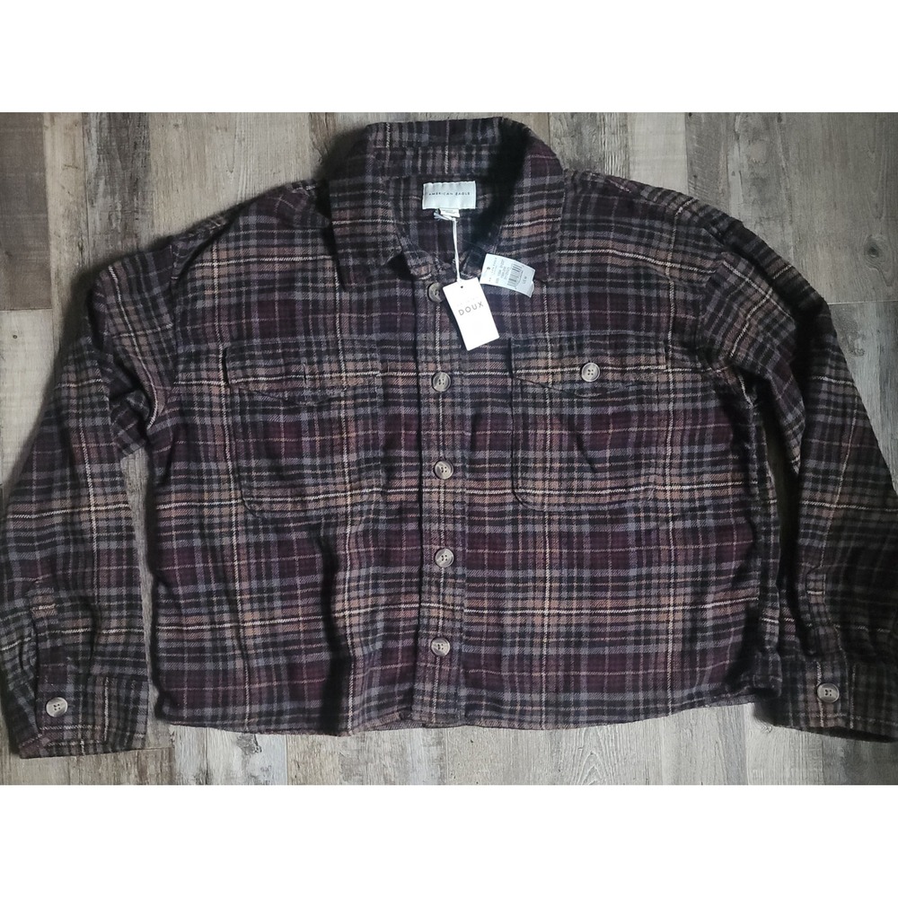 American Eagle Flannel Shirt Womens M Purple Plaid Cropped Doux Button Down Top